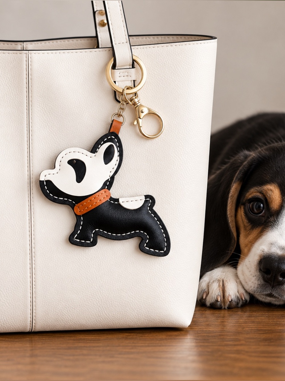 French Bulldog Faux Leather Bag Charm Keychain Black White Puppy Purse Accessory